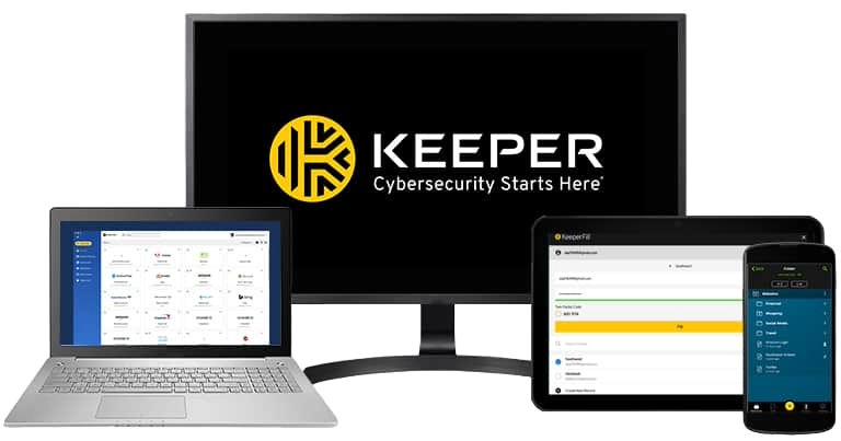 Keeper Password Manager on a laptop, monitor, tablet and phone
