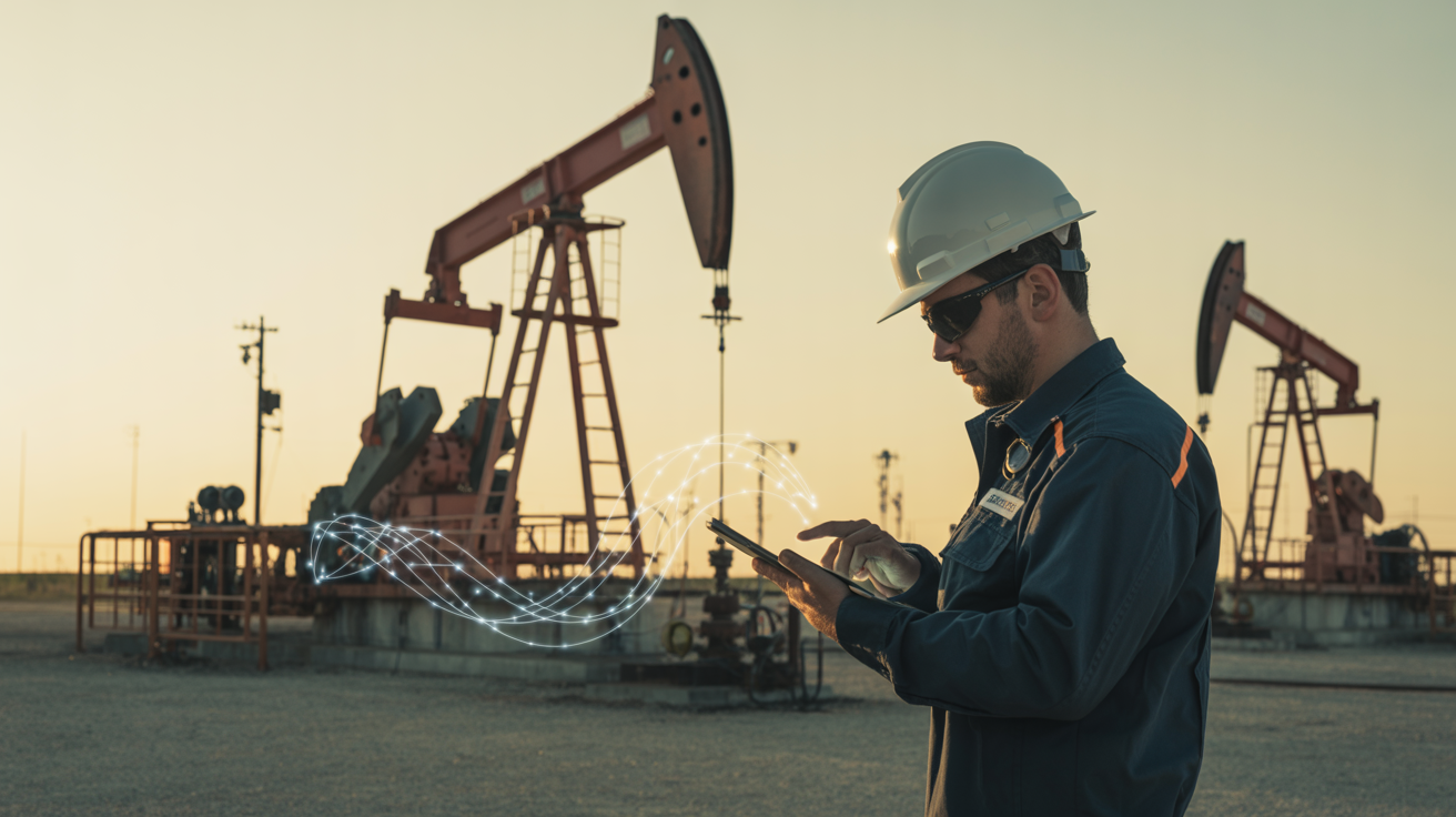 Oil and gas field technician using secure connectivity on a rugged tablet in South Texas.